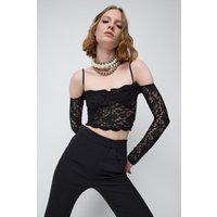 Schwarzes Spitzen-Crop-Top mit dünnen langen Trägern
