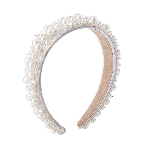 Weiße Perlen Haarreifen,Retro Perlen Braut Haarbänder Kunstperlen Kopfschmuck Damen Breites Dickes Stirnband Braut Stirnband für Frauen und Mädchen White von SinChic