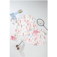 Weißes Plus-Size-Weinglas-Print Schleifen-Knopf Pyjama-Set