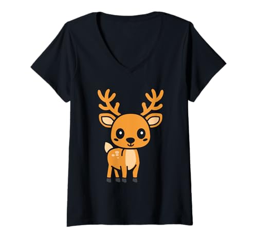Damen Lustige Tiere kleine minimalistische Karibu einfache Karibu T-Shirt mit V-Ausschnitt Damen Lustige Tiere kleine minimalistische Karibu einfache Karibu T-Shirt mit V-Ausschnitt von kleine Drole Karibu Tiere lustiges