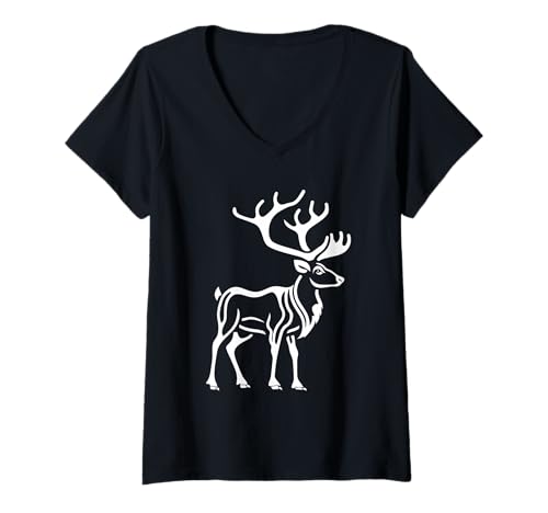 Damen Lustige Tiere kleine minimalistische Karibu einfache Karibu T-Shirt mit V-Ausschnitt Damen Lustige Tiere kleine minimalistische Karibu einfache Karibu T-Shirt mit V-Ausschnitt von kleine Drole Karibu Tiere lustiges