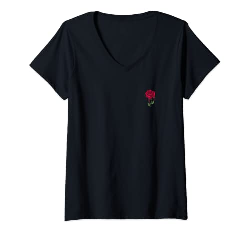 Damen Tattoo Bleeding Rose aesthetic T-Shirt mit V-Ausschnitt Damen Tattoo Bleeding Rose aesthetic T-Shirt mit V-Ausschnitt von kleines Rosensymbol auf der Brust
