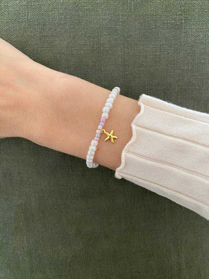 Perlenarmband Armband Freundschaftsarmband Perlen Glasschliffperlen Süßwasserperlen Seestern Bunt Gold Geschenk Muttertag Geburtstag Sommer von kleinesfeinesBayern