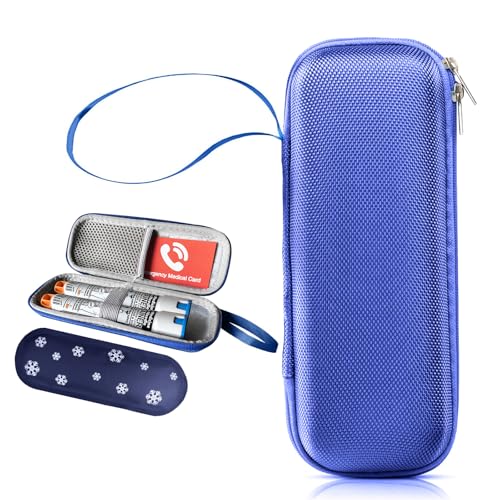 klyrith Epipen Medical Tragetasche mit 1 Kühlakku, Hartschalen Eva stoßfest Reisentasche für 2 Epi Pens oder Asthma-Inhalator, Auvi-Q, Tragbare Notfalltasche Organizer für Medikamente, Marineblau von klyrith