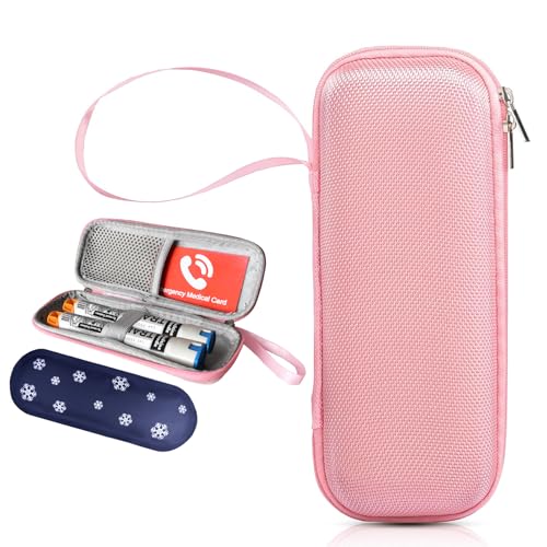 klyrith Epipen Medical Tragetasche mit 1 Kühlakku, Hartschalen Eva stoßfest Reisentasche für 2 Epi Pens oder Asthma-Inhalator, Auvi-Q, Tragbare Notfalltasche Organizer für Medikamente, Rosa von klyrith