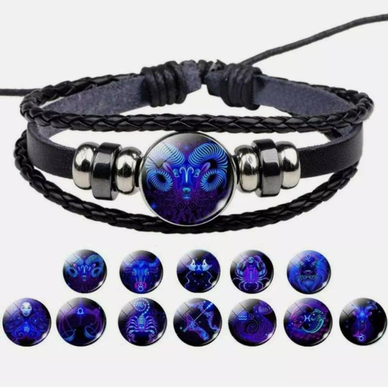 Leder Armband Damen Herren Surferarmband Sternzeichen Blau Geschenk Bracelet Horoskop Chunk Hohe Qualität von km2019