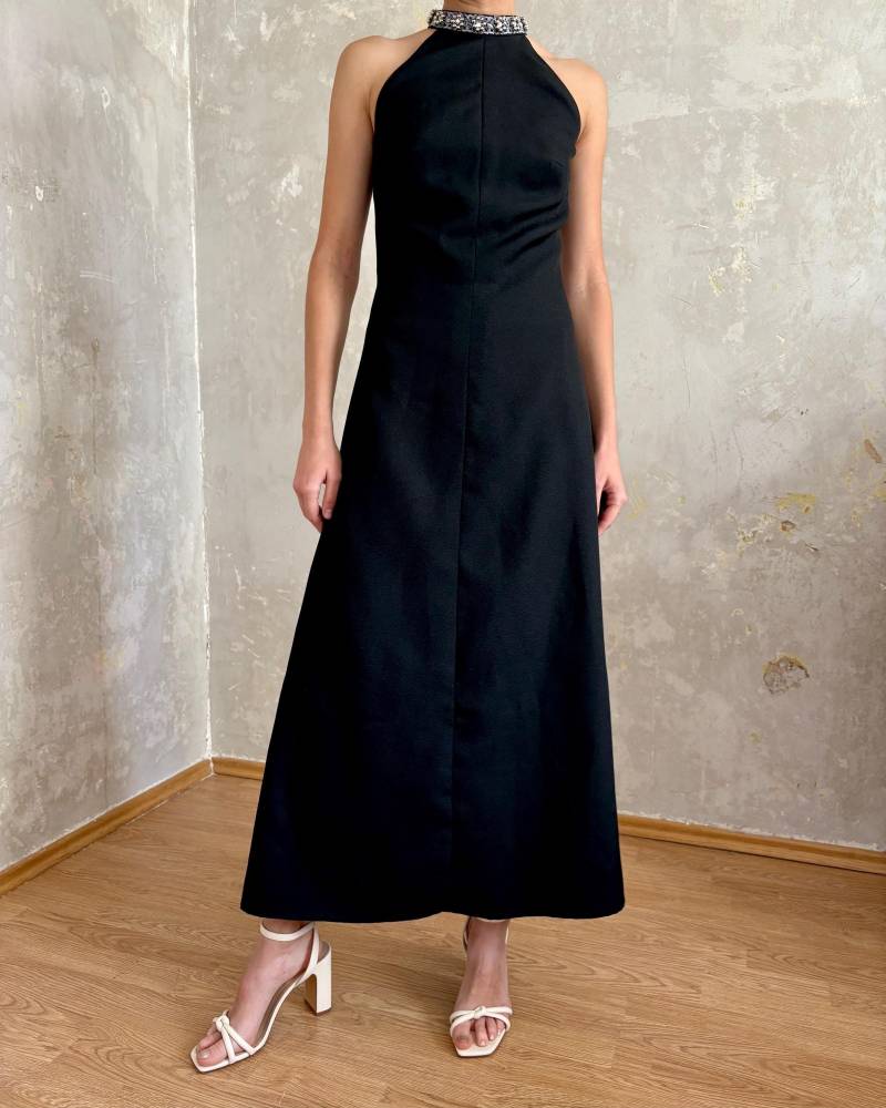 Vintage Handgemacht Schwarzes Maxikleid Rückenfrei & Perlenkragen Eleganter 60Er 70Er Stil von knightvntg