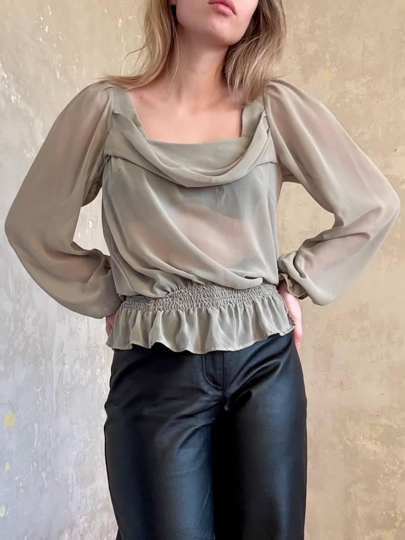 Vintage Khaki Grüne Bluse 90S Y2K Boho Chic Durchsichtige Bluse Mit Langen Ärmeln von knightvntg