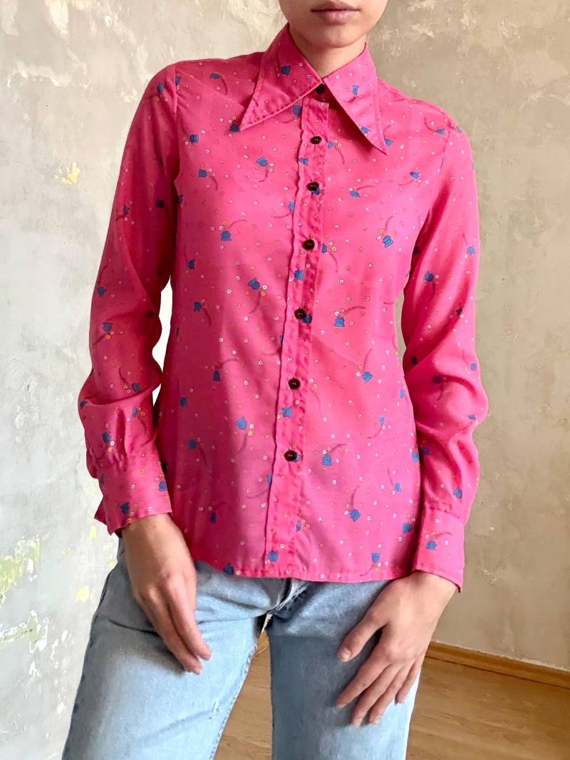 Vintage Langarmbluse Mit Rosa Kragen 70S Mod Extravagant Bedrucktes Shirt von knightvntg