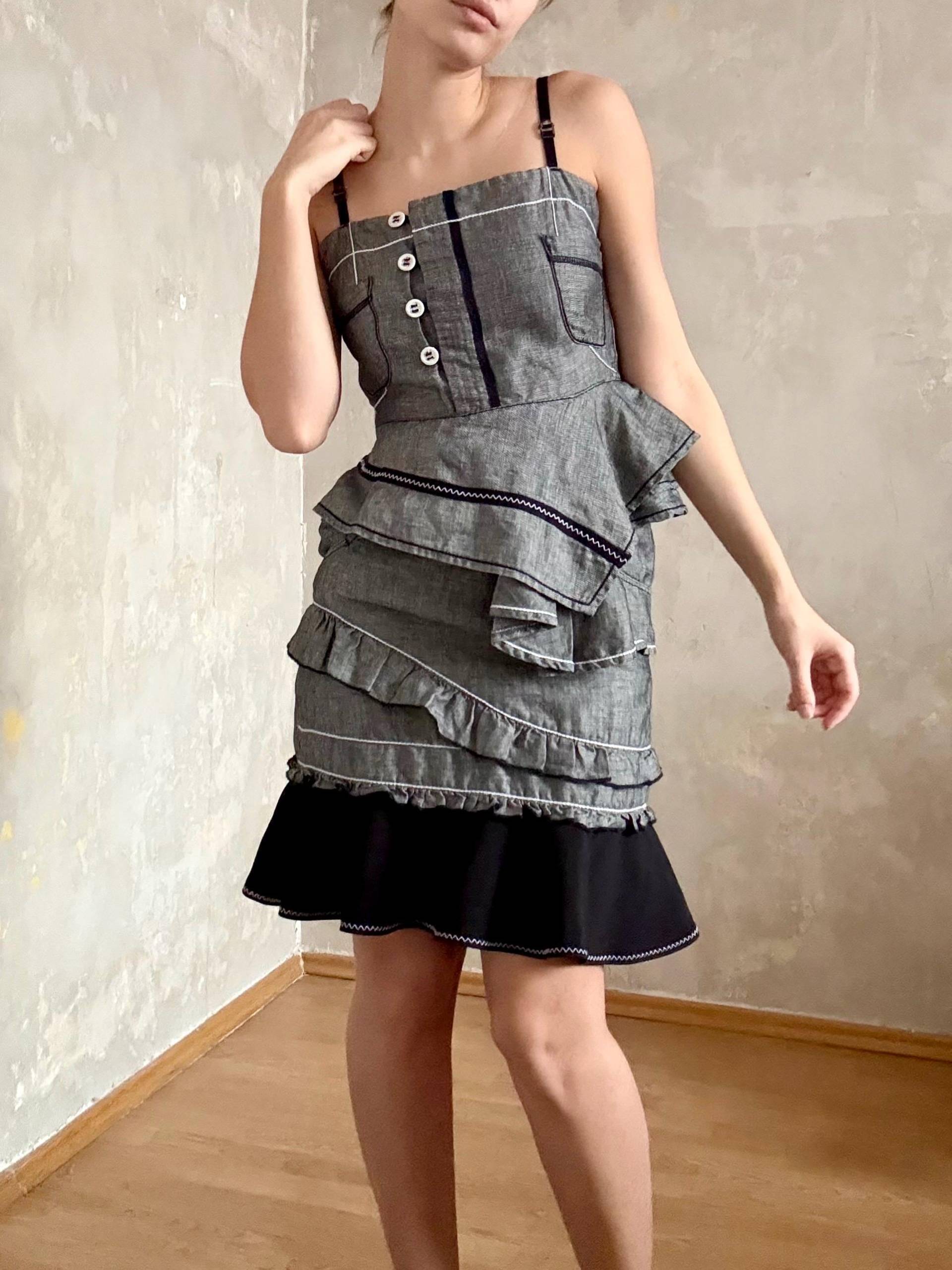 Vintage Leinen-Denim Lagen Mini-Kleid 90S Y2K Asymmetrisch Ärmellos, Rüschen-Korsett von knightvntg