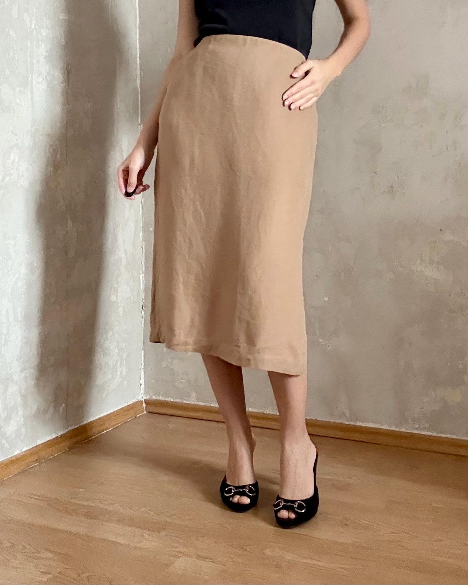 Vintage Max Mara Leinen Camel Beige Midi Rock 90S Y2K Minimalistisch von knightvntg