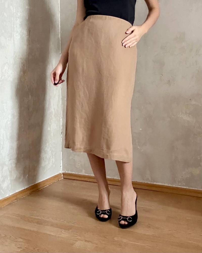 Vintage Max Mara Leinen Camel Beige Midi Rock 90S Y2K Minimalistisch von knightvntg