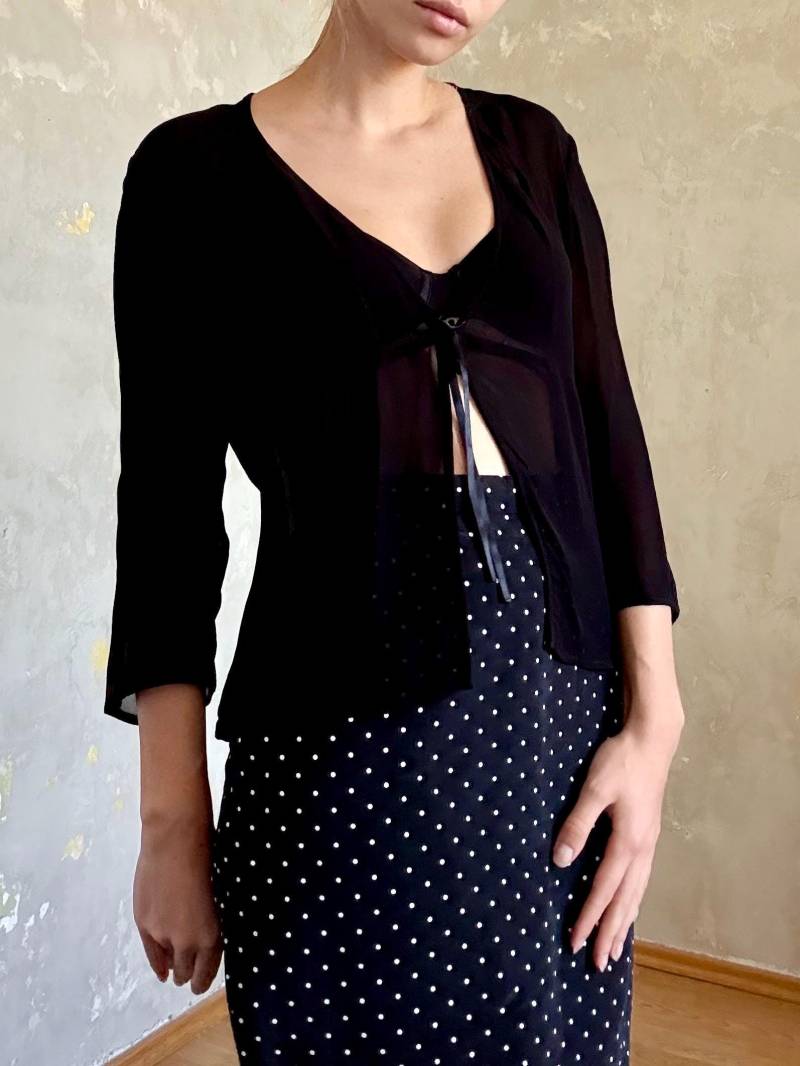 Vintage Schwarzes Top Y2K Durchsichtige 3/4 Ärmel & Bluse Zum Binden Vorne von knightvntg