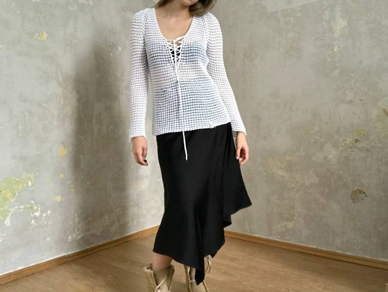 Vintage 90S Y2K Boho Grunge Marc Cain Weißes Fischnetz Langarm Strick Top Pullover von knightvntg