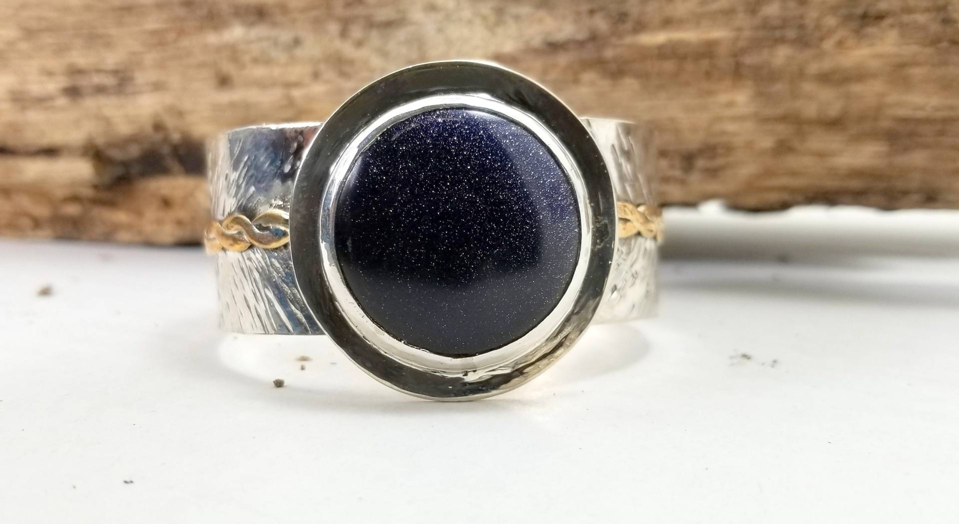 sterling Silber Und Messing Blau Goldstein Manschette Armband von knljewelryshop