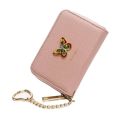 knockno 12 Kartenfächer Kreditkartenhalter Leder Reißverschluss Exquisite Gold Bee Kartenetui für Mädchen oder Frauen Akkordeon Brieftasche mit abnehmbarem Schlüsselanhänger, Pink, Schmetterling von knockno