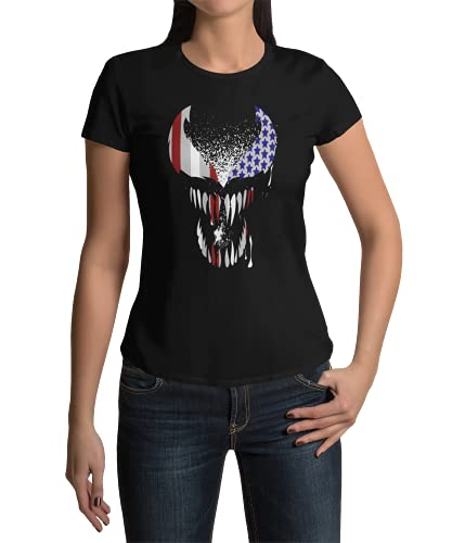 Amerika USA Flagge Damen Tshirt Skull Totenkopf Shirt Frauen Damenmode für den Sommer Oberteil Regular Fit Tailliert als Geschenk in Schwarz Kurzarm Gr. XS-3XL (Schwarz, L) von knut Fashion & Streetwear