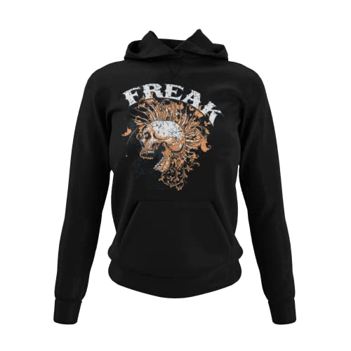 Aufdruck Freak - Frauen Hoodie Sweatshirt für Damen Totenkopf Kapuzenpullover Punks Rocknroll Skull Ladyfit Figurbetont Motive Biker Fanartikel Klamotten Merch Schwarz Grau XS-3XL (Schwarz, L) von knut Fashion & Streetwear