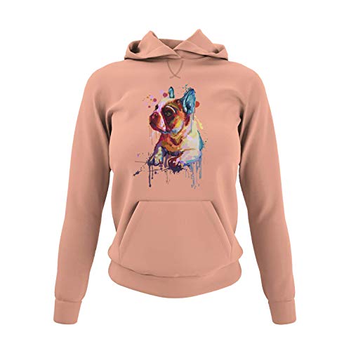 Damen Hoodie Kapuzensweatshirt Motiv "Frenchy" Französich Bulldog Frauen Kapuzenpullover Sweatshirt für echte French Bulldog Fans in verschieden Farben Schwarz Soft Rose und Gr. XS-3XL (Soft Rose, S) von knut Fashion & Streetwear