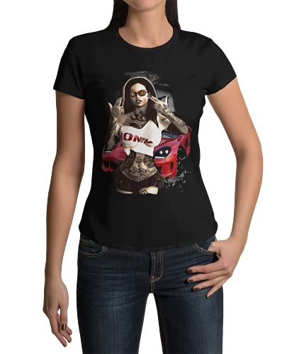 Damen T-Shirt Bedruckt mit Honey Inked Girl Frauen Oberteil Kurzarm Tattoos Böses Mädchen La Familia Pin Up Print Shirt Mode Sommer Kleidung Gr. XS-3XL (Schwarz, XL, x_l) von knut Fashion & Streetwear