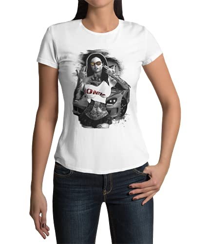 Damen T-Shirt Bedruckt mit Honey Inked Girl Frauen Oberteil Kurzarm Tattoos Böses Mädchen La Familia Pin Up Print Shirt Mode Sommer Kleidung Gr. XS-3XL (Weiß, M, m) von knut Fashion & Streetwear