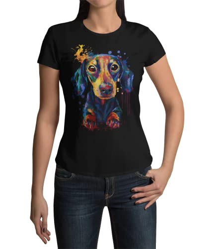 Trendig Stylisches Premium Damen T-Shirt Dackel Hund Teckel Hundefans Kurzarm Oberteil Tailliert Zwergdackel für Frauen Vintage Top aus Baumwolle Regular Fit Schwarz Weiß XS-XXL (Schwarz, L) von knut Fashion & Streetwear