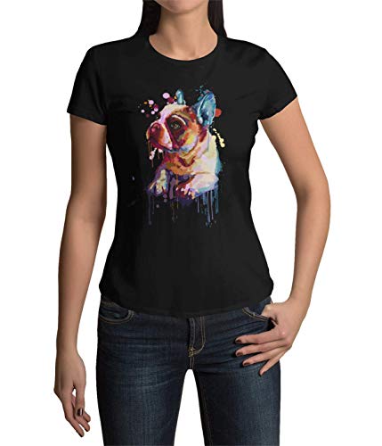 French Bulldog Frauen T-Shirt Druck Französische Bulldogge gemalt Damen Shirt tailliert Schwarz Weiß Rosa in Gr. XS-XXXL (Schwarz, M) von knut Fashion & Streetwear