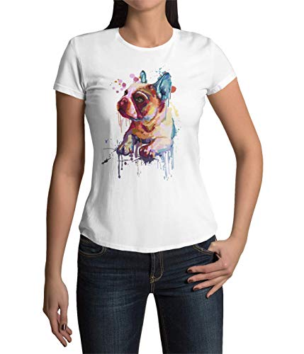 French Bulldog Frauen T-Shirt Druck Französische Bulldogge gemalt Damen Shirt tailliert Schwarz Weiß Rosa in Gr. XS-XXXL (Weiß, XXL) von knut Fashion & Streetwear