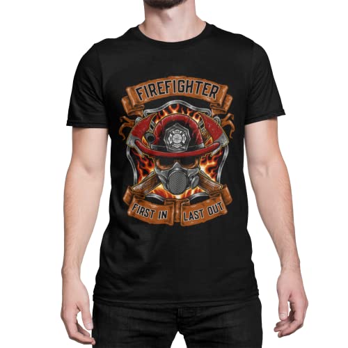 Herren Feuerwehrmann T-Shirt First in First Out Alltagshelden der Freiwilligen Feuerwehr Tshirt Kurzarm Oberteil Berufsbekleidung für Männer aus Baumwolle Regular Fit Rot S-XXXXXL (Schwarz, M) von knut Fashion & Streetwear