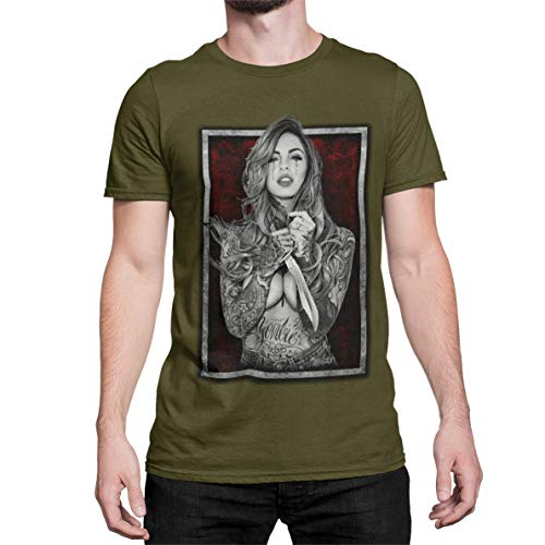 Modern Stylisches Herren T-Shirt Bedruckt mit Motiv Tattoo Girl Kurzarm Oberteil Bekleidung für Männer Inked für Tattooliebhaber Baumwolle Regular Fit Schwarz Grün Weiß XS-XXXL (Khaki Green, XXXL) von knut Fashion & Streetwear