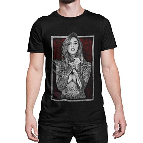 Modern Stylisches Herren T-Shirt Bedruckt mit Motiv Tattoo Girl Kurzarm Oberteil Bekleidung für Männer Inked für Tattooliebhaber Baumwolle Regular Fit Schwarz Grün Weiß XS-XXXL (Schwarz, L) von knut Fashion & Streetwear