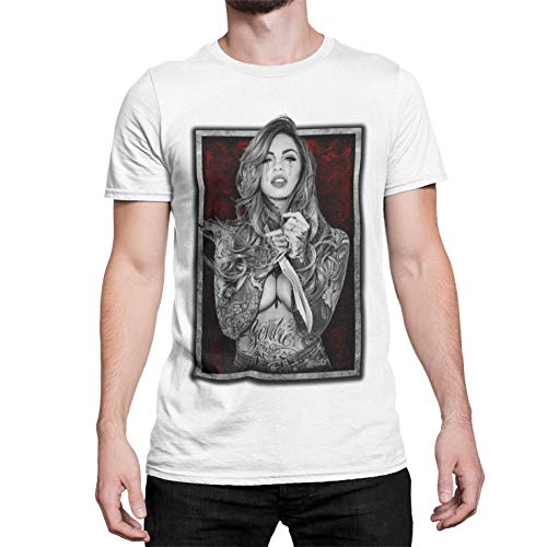 Modern Stylisches Herren T-Shirt Bedruckt mit Motiv Tattoo Girl Kurzarm Oberteil Bekleidung für Männer Inked für Tattooliebhaber Baumwolle Regular Fit Schwarz Grün Weiß XS-XXXL (Weiß, L) von knut Fashion & Streetwear