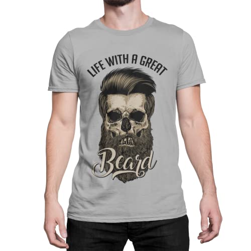 Herren T-Shirt Totenkopf Bart Hardcore Schädel Skull Tshirt Kurzarm Life with a Beard Oberteil Moderne Bekleidung für Männer aus Baumwolle Regular Fit Schwarz Grau S-XXXXXL (Sporty Grey, L) von knut Fashion & Streetwear