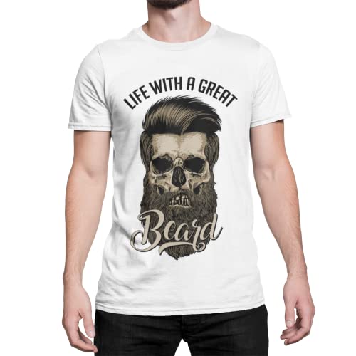 Herren T-Shirt Totenkopf Bart Hardcore Schädel Skull Tshirt Kurzarm Life with a Beard Oberteil Moderne Bekleidung für Männer aus Baumwolle Regular Fit Schwarz Grau S-XXXXXL (Weiß, L) von knut Fashion & Streetwear