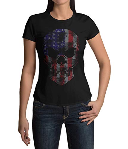 Hochwertiges Frauen T-Shirt mit Aufdruck USA Totenkopf Damen Shirt US Flagge Schwarz Weiß Rosa Gr. S-3XL (Schwarz, L) von knut Fashion & Streetwear