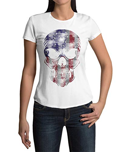 Hochwertiges Frauen T-Shirt mit Aufdruck USA Totenkopf Damen Shirt US Flagge Schwarz Weiß Rosa Gr. S-3XL (Weiß, S) von knut Fashion & Streetwear