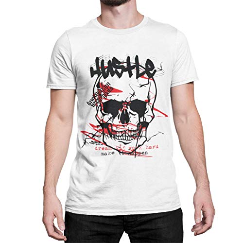 Hustle Totenkopf Schädel Skull T-Shirt Herren Kurzarm Rundhals Oberteil Hip Hop für Männer Vintage aus Baumwolle Regular Fit Weiß Gelb Gr. S-XXXXXL (Weiß, L) von knut Fashion & Streetwear
