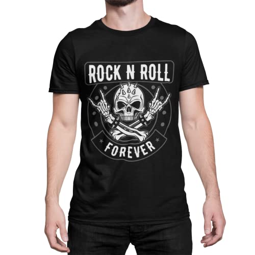 RocknRoll Forever Herren T-Shirt Geschenkidee für Rocker Männer Pommesgabel Totenkopf Skull Shirt Oberteil Bekleidung aus Baumwolle Regular Fit Schwarz Grün Weiß S-5XL von Knut Fashion & Streetwear