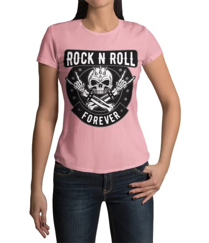 Modern Stylische Bekleidung Damen Shirt Motiv Rock n Roll T-Shirt Bones Tshirt Frauen Totenkopf Heavy Metal Rockige Kurzarm Horns Horn Grunge Clothes Vintage Punk Schwarz Weiß Rosa Grau (Rosa, M) von knut Fashion & Streetwear