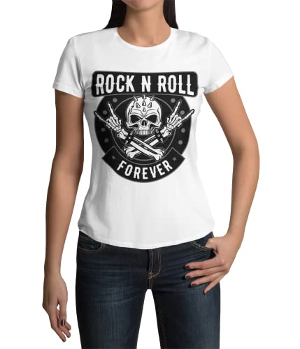 Modern Stylische Bekleidung Damen Shirt Motiv Rock n Roll T-Shirt Bones Tshirt Frauen Totenkopf Heavy Metal Rockige Kurzarm Horns Horn Grunge Clothes Vintage Punk Schwarz Weiß Rosa Grau (Weiß, S) von knut Fashion & Streetwear