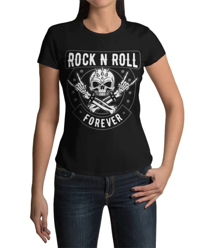 Modern Stylische Bekleidung Damen Shirt Motiv Rock n Roll T-Shirt Tshirt Frauen Totenkopf Heavy Metal Rockige Kurzarm Horns Horn Grunge Clothes Vintage Punk Schwarz Weiß Rosa Grau (Schwarz, XXXL) von knut Fashion & Streetwear