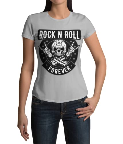 Modern Stylische Bekleidung Damen Shirt Motiv RocknRoll T-Shirt Tshirt Frauen Totenkopf Heavy Metal Rockige Kurzarm Horns Horn Grunge Clothes Vintage Punk Schwarz Weiß Rosa Grau (Heather Grey, L) von knut Fashion & Streetwear