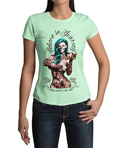 Modern Trendiges Frauen T-Shirt She Believe Damenbekleidung Kurzarm Oberteil für Damen Vintage Top für Tattoo Girls Tätowiererin aus Baumwolle Regular Fit Schwarz Grün Gelb Weiß XS-3XL (Mint Grün, M) von knut Fashion & Streetwear