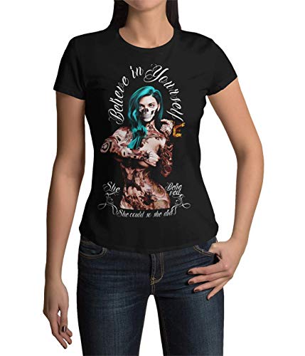 Modern Trendiges Frauen T-Shirt She Believe Damenbekleidung Kurzarm Oberteil für Damen Vintage Top für Tattoo Girls Tätowiererin aus Baumwolle Regular Fit Schwarz Grün Gelb Weiß XS-3XL (Schwarz, XXL) von knut Fashion & Streetwear