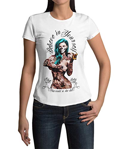 Modern Trendiges Frauen T-Shirt She Believe Damenbekleidung Kurzarm Oberteil für Damen Vintage Top für Tattoo Girls Tätowiererin aus Baumwolle Regular Fit Schwarz Grün Gelb Weiß XS-3XL (Weiß, L) von knut Fashion & Streetwear