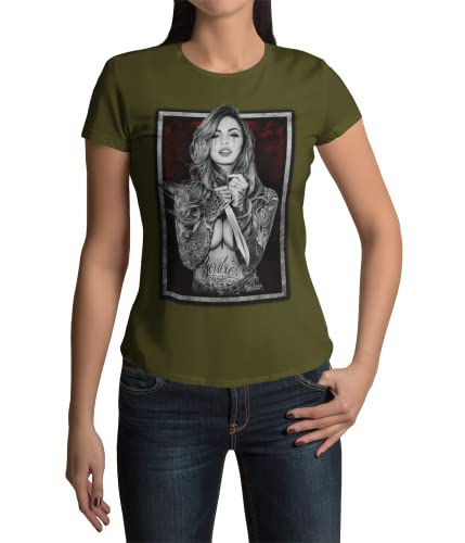 Modernes Frauen T-Shirt Bedruckt mit Motiv Tattoo Girl Damen Shirt Ladyfit in Schwarz Khaki Weiß Gr. S-3XL (Khaki Green, S) von knut Fashion & Streetwear