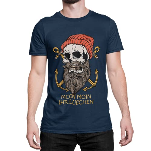 Moin Ihr Luschen Statement Herren T-Shirt Vintage Oberteil Bedruckt mit Skull Bart Geschenke für Männer Seemann Kapitän lustiger Slogan für Küsten Kinder in Gr. S-XXXXXL (Navy Blau, L, l) von knut Fashion & Streetwear