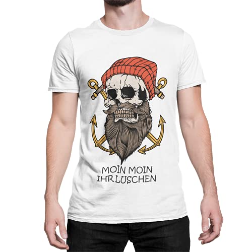 Moin Ihr Luschen Statement Herren T-Shirt Vintage Oberteil Bedruckt mit Skull Bart Geschenke für Männer Seemann Kapitän lustiger Slogan für Küsten Kinder in Gr. S-XXXXXL (Weiß, XL, x_l) von knut Fashion & Streetwear