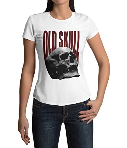 Old Skull Totenkopf Schädel Skull T-Shirt Damen Kurzarm Rundhals Oberteil Gothic für Frauen Vintage Top aus Baumwolle Regular Fit schwarz weiß Gr. XS-XXXL (Weiß, S) von knut Fashion & Streetwear