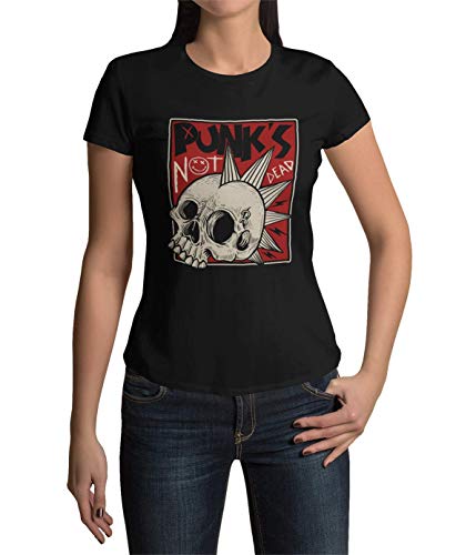 Premium Frauen T-Shirt Aufdruck Punks not Dead Damen Shirt Lady Fit Punker Punks Rock Hardrock Schwarz Weiß Khaki Green Gr. S-3XL (Schwarz, L) von knut Fashion & Streetwear